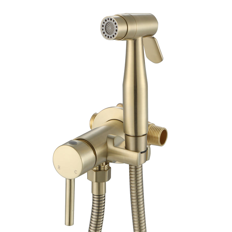 Handheld Bidet Sprayer Brushed Gold Warm Water, Stainless Steel Bidet Hand Held Sprayer for Toilet with Brass Hot and Cold Mixing Valve