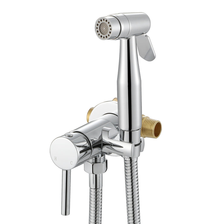 Chrome Handheld Bidet Sprayer for Toilet Warm Water, Stainless Steel Polished Silver Bidet Hand Held Sprayer with Brass Hot and Cold Mixing Valve