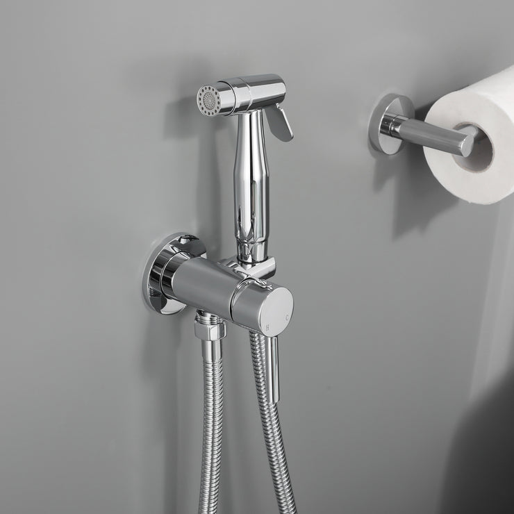 Chrome Handheld Bidet Sprayer for Toilet Warm Water, Stainless Steel Polished Silver Bidet Hand Held Sprayer with Brass Hot and Cold Mixing Valve